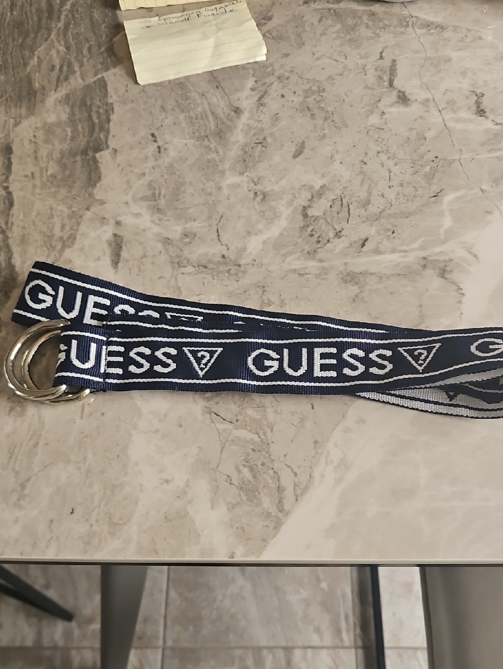 GUESS Navy and White Logo Web Belt with Double Ring Buckle